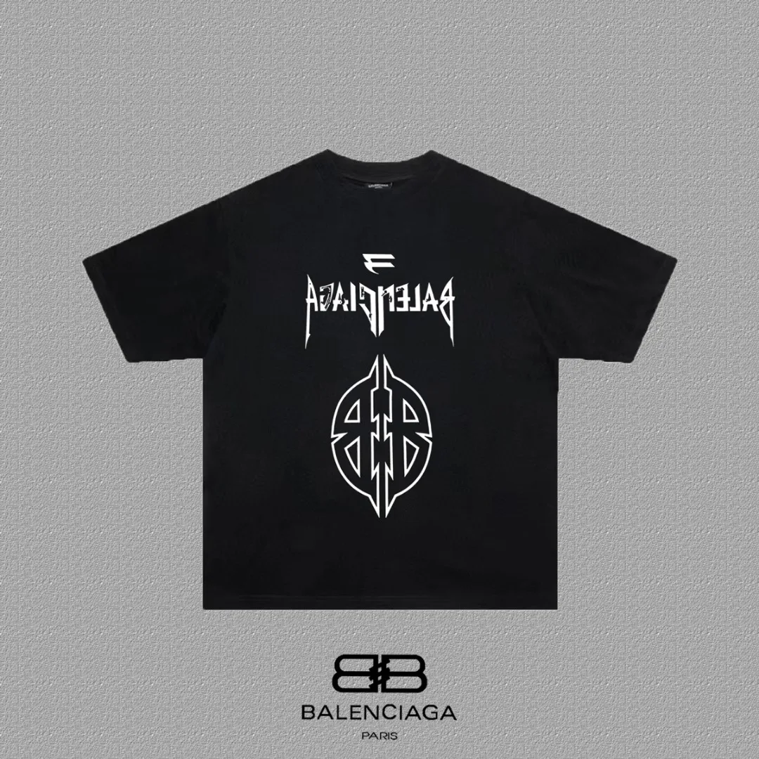P80✨🔥 BALENCIAGA Paris lettering printed short-sleeved T-shirt, custom-woven and dyed 280g combed cotton heavyweight fabric, zero color difference in thread, perfect details, different from the current version on the market, welcome to compare, Same Style for men and women, must-sell in the picture above Color: White Black Size: 1 2 3 4